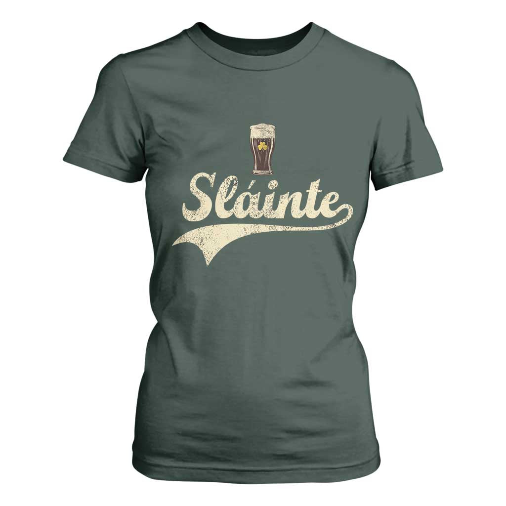 Funny Slainte Cheers Stout Beer Irish Shamrock St Patrick's Day T Shirt For Women TS11 Dark Forest Green Print Your Wear