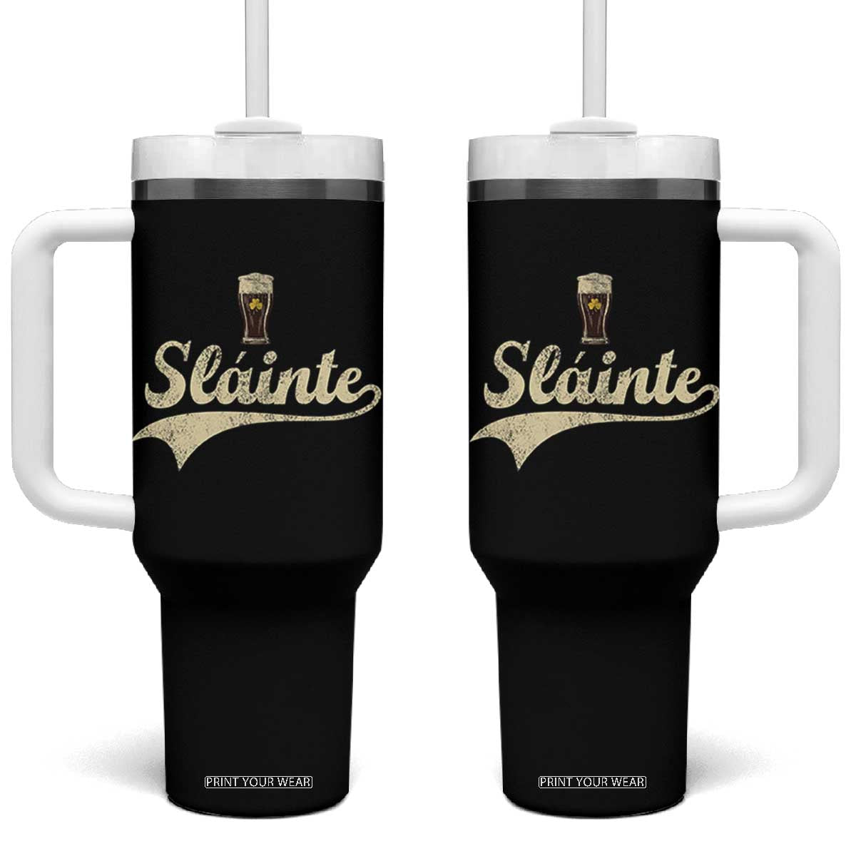 Funny Slainte Cheers Stout Beer Irish Shamrock St Patrick's Day Tumbler With Handle TS11 One Size: 40 oz Black Print Your Wear