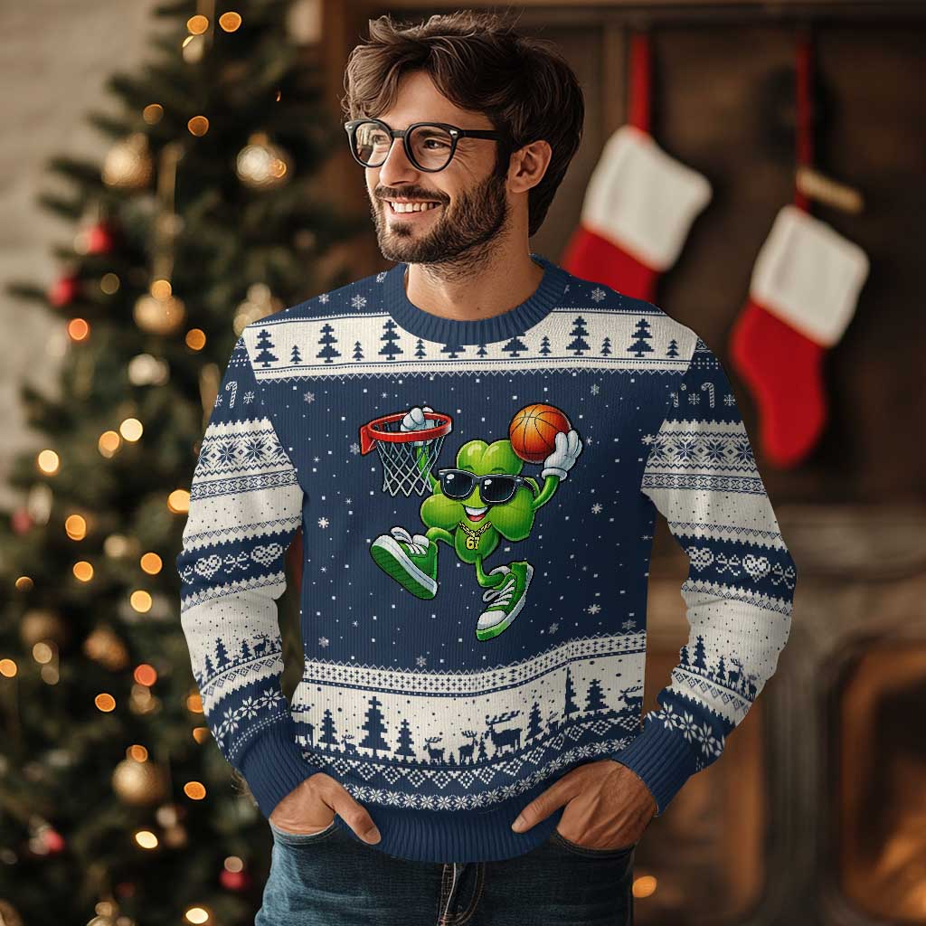 Funny 67 Meme Six Seven Basketball Shamrock St Patricks Day Ugly Christmas Sweater TS11 Navy Beige Print Your Wear