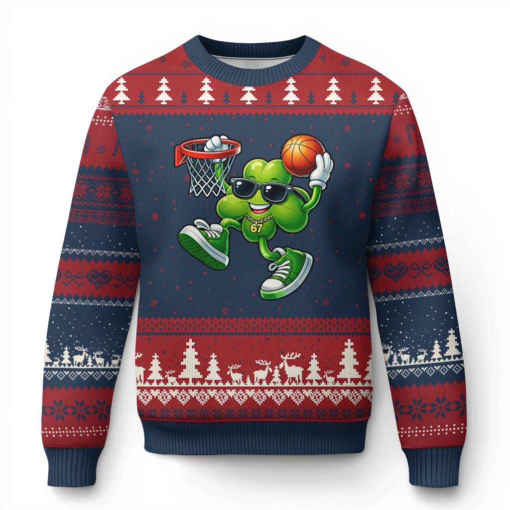 Funny 67 Meme Six Seven Basketball Shamrock St Patricks Day Ugly Christmas Sweater TS11 Navy Red Print Your Wear