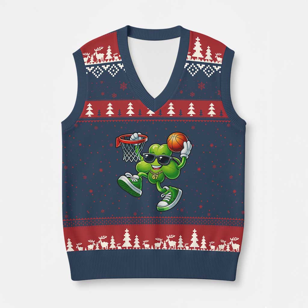 Funny 67 Meme Six Seven Basketball Shamrock St Patricks Day V-Neck Knit Sweater Vest TS11 Navy Red Print Your Wear
