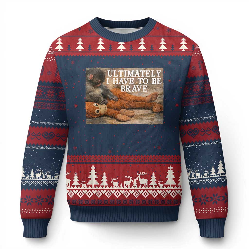 Ultimate I Have To Be Brave Punch The Monkey Ugly Christmas Sweater Cute Baby Monkey Hugging Plush TS11 Navy Red Print Your Wear