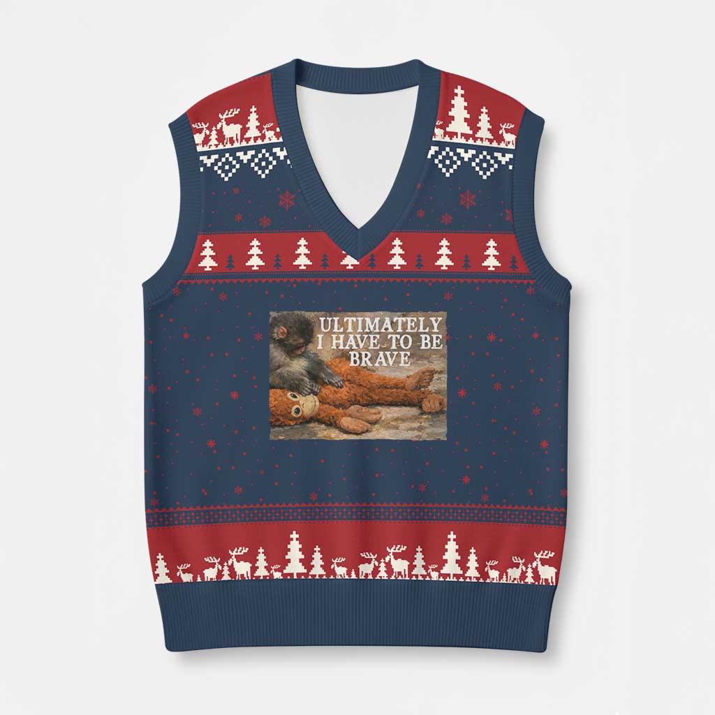 Ultimate I Have To Be Brave Punch The Monkey V-Neck Knit Sweater Vest Cute Baby Monkey Hugging Plush TS11 Navy Red Print Your Wear