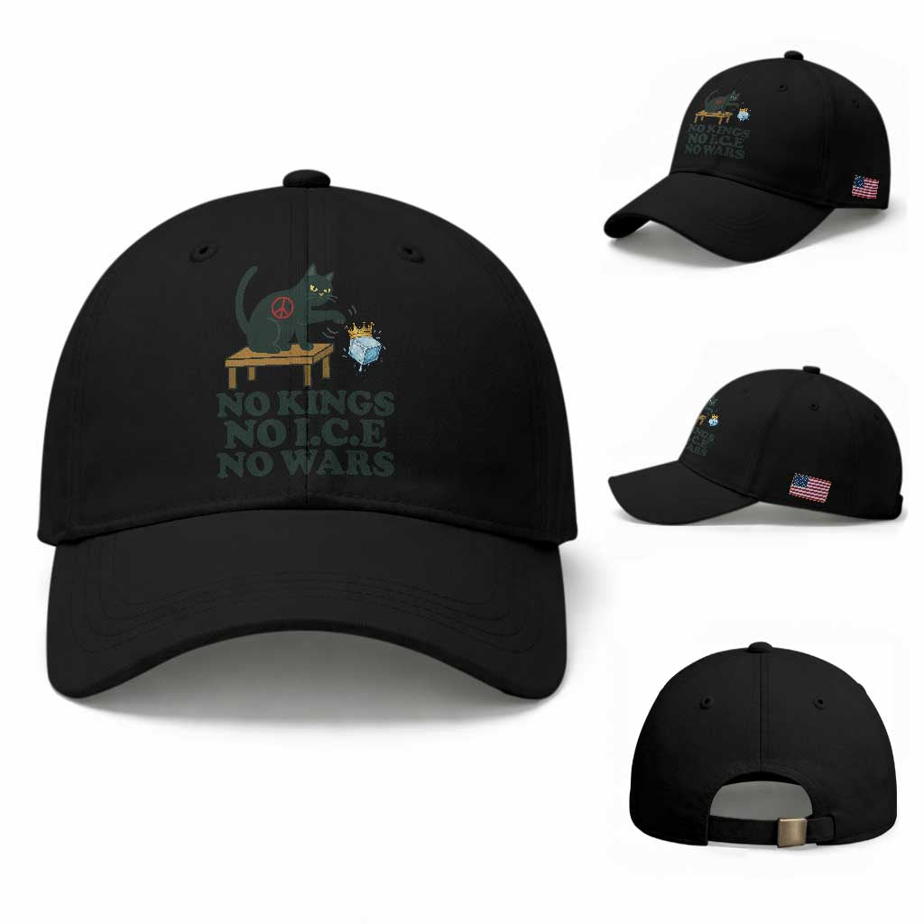 No Kings No Ice No Wars Cat Baseball Cap Funny Political Freedom Activist TS11 Baseball Cap Universal Fit Black Print Your Wear