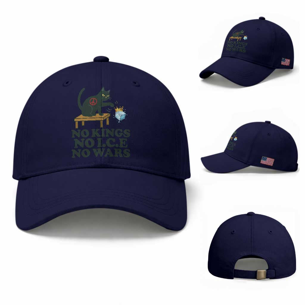 No Kings No Ice No Wars Cat Baseball Cap Funny Political Freedom Activist TS11 Baseball Cap Universal Fit Dark Blue Print Your Wear