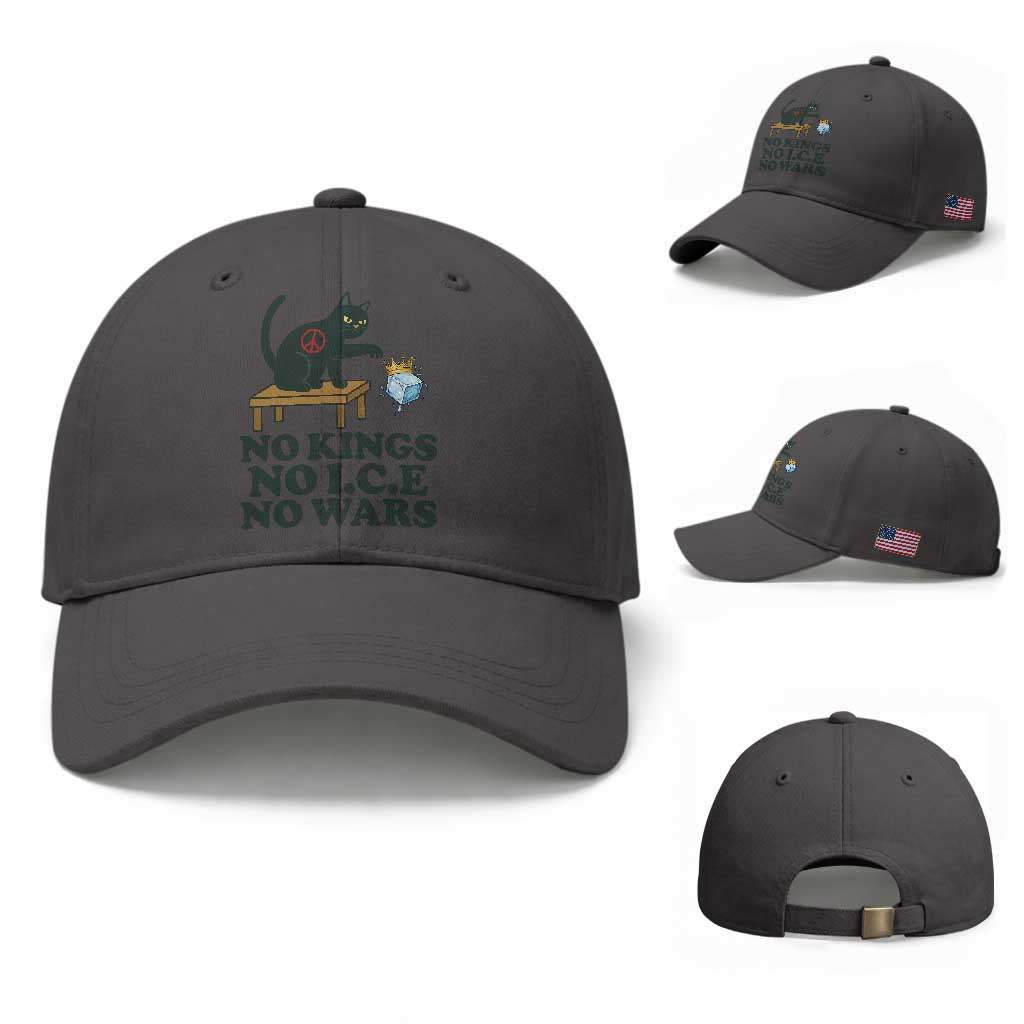 No Kings No Ice No Wars Cat Baseball Cap Funny Political Freedom Activist TS11 Baseball Cap Universal Fit Dark Gray Print Your Wear