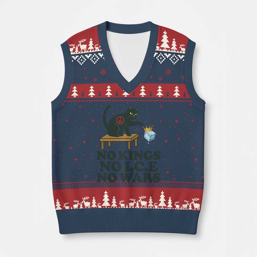 No Kings No Ice No Wars Cat V-Neck Knit Sweater Vest Funny Political Freedom Activist TS11 Navy Red Print Your Wear