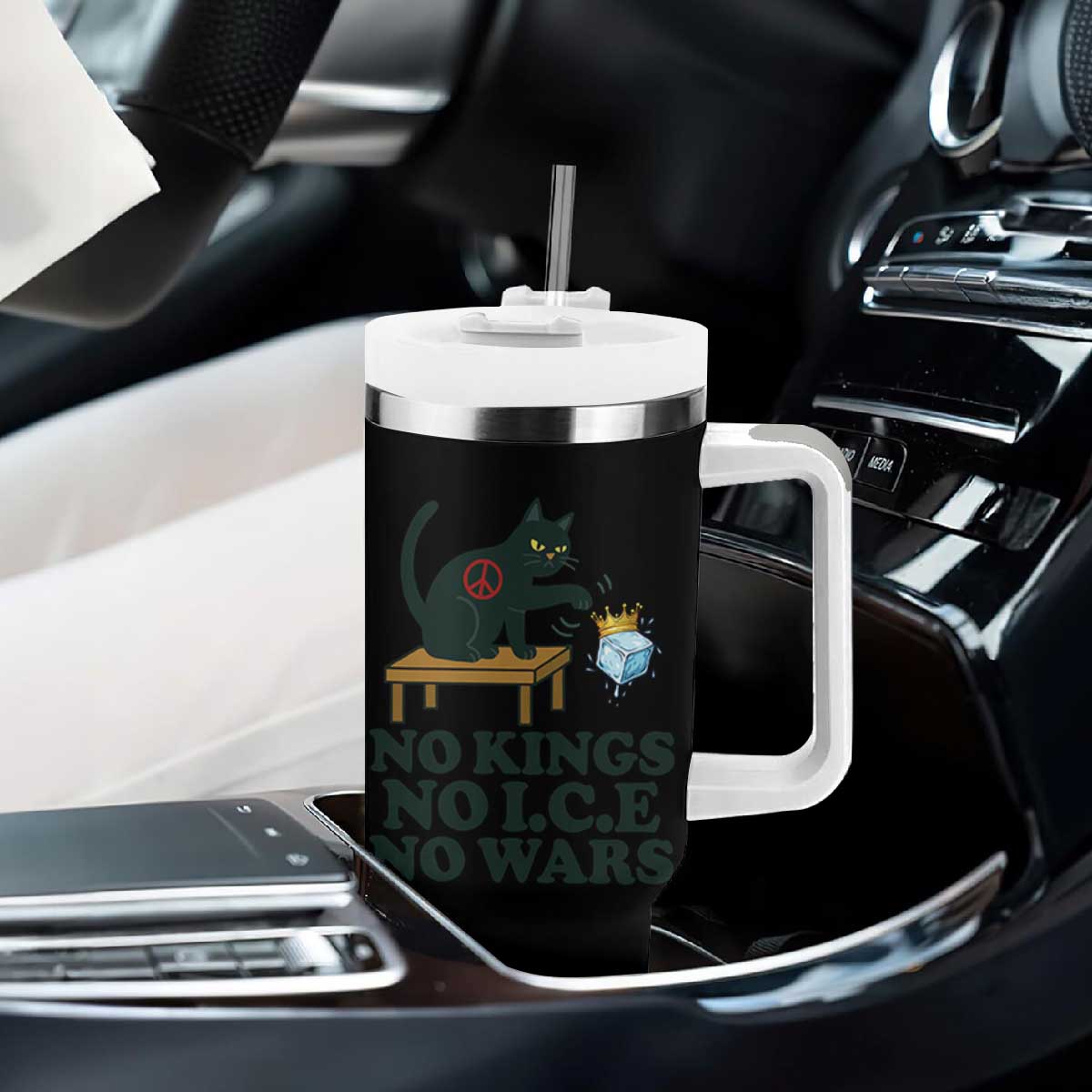 No Kings No Ice No Wars Cat Tumbler With Handle Funny Political Freedom Activist TS11 Print Your Wear