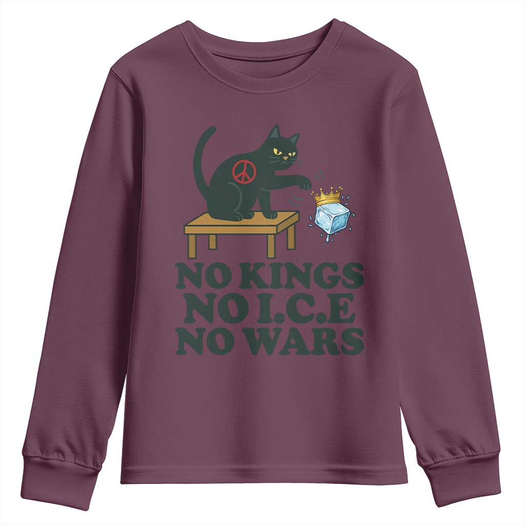 No Kings No Ice No Wars Cat Youth Sweatshirt Funny Political Freedom Activist TS11 Maroon Print Your Wear