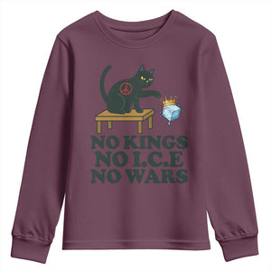 No Kings No Ice No Wars Cat Youth Sweatshirt Funny Political Freedom Activist TS11 Maroon Print Your Wear