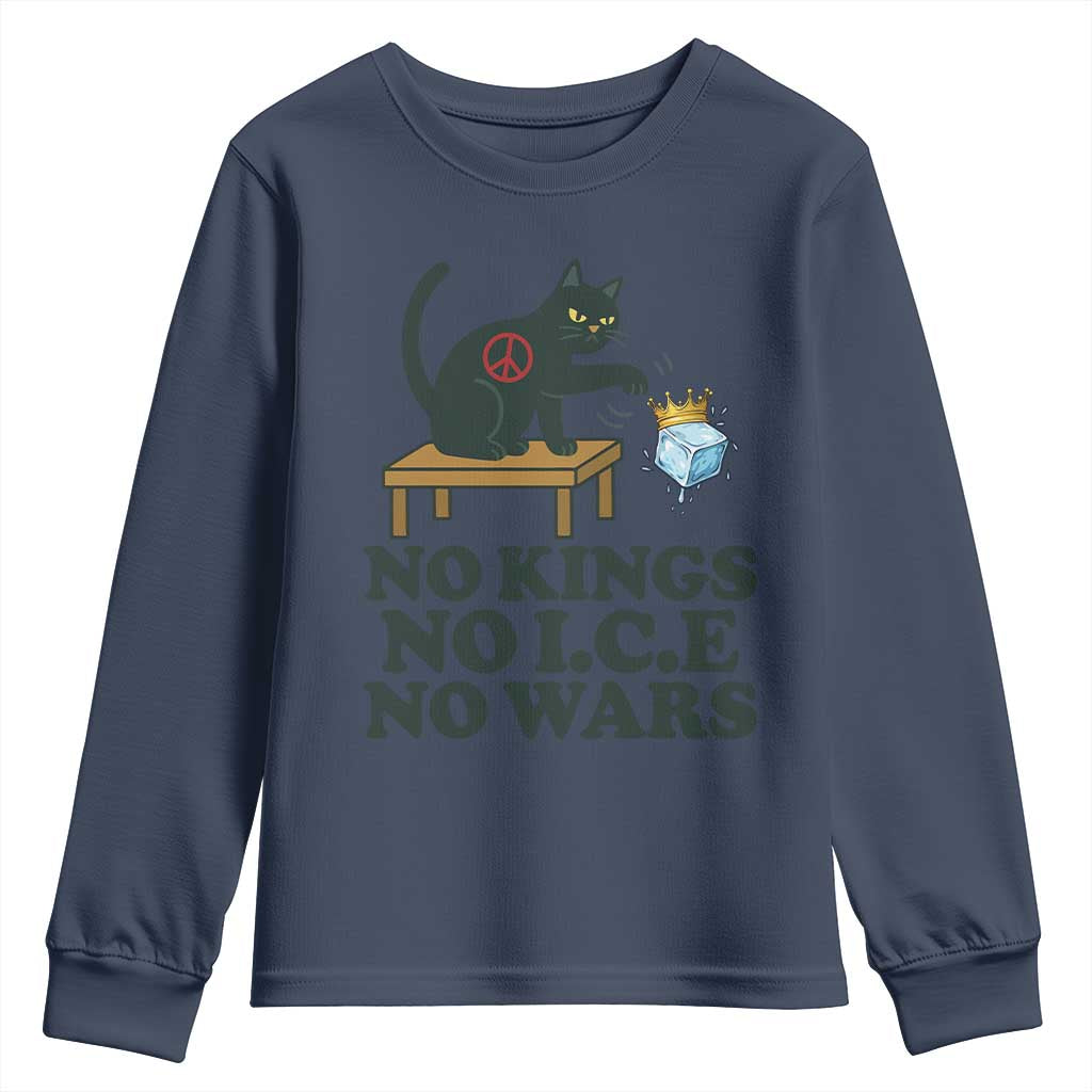No Kings No Ice No Wars Cat Youth Sweatshirt Funny Political Freedom Activist TS11 Navy Print Your Wear