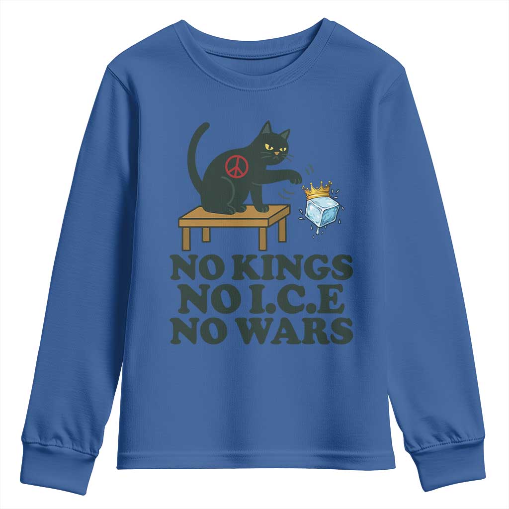 No Kings No Ice No Wars Cat Youth Sweatshirt Funny Political Freedom Activist TS11 Royal Blue Print Your Wear