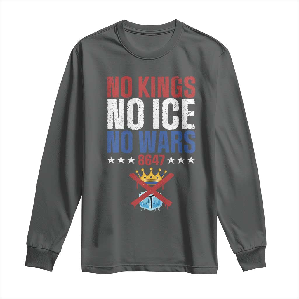 No Kings No Ice No Wars 8647 Long Sleeve Shirt Rejecting Kings Anti Authoritarian TS11 Dark Heather Print Your Wear