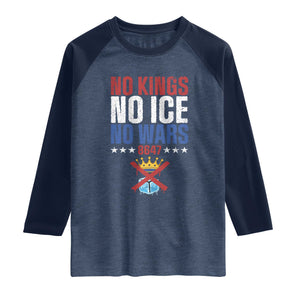 No Kings No Ice No Wars 8647 Raglan Shirt Rejecting Kings Anti Authoritarian TS11 Heather Denim Navy Print Your Wear