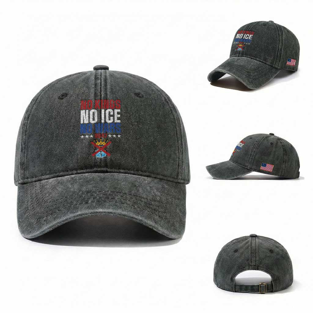 No Kings No Ice No Wars 8647 Washed Cotton Baseball Cap Rejecting Kings Anti Authoritarian TS11 Washed Cap Universal Fit Dark Green Print Your Wear
