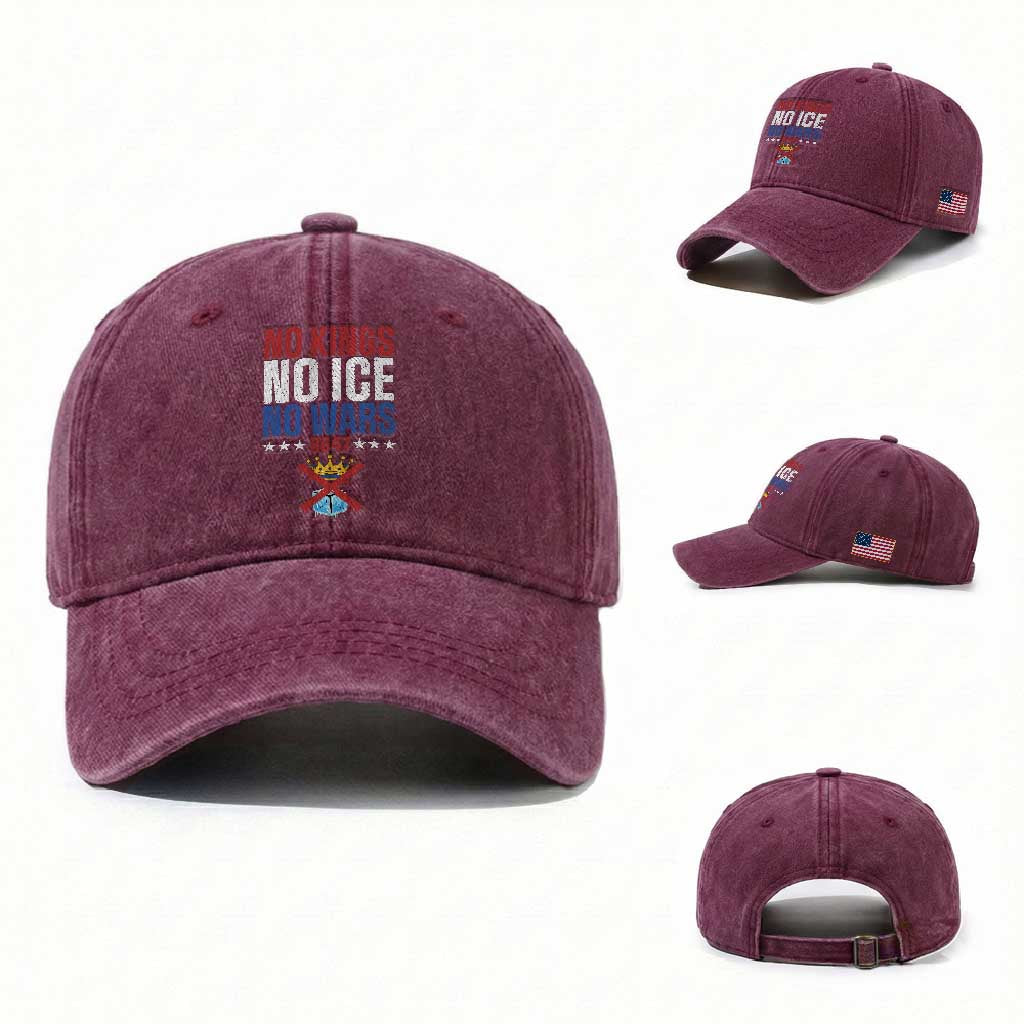 No Kings No Ice No Wars 8647 Washed Cotton Baseball Cap Rejecting Kings Anti Authoritarian TS11 Washed Cap Universal Fit Burgundy Print Your Wear