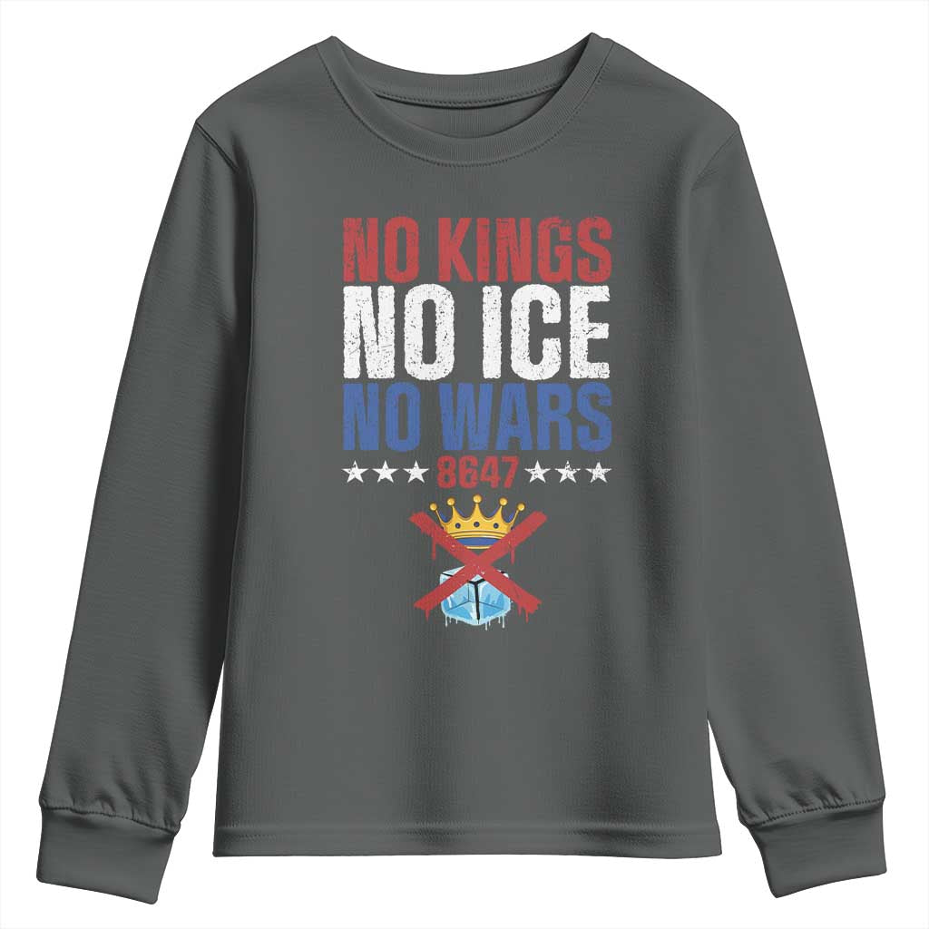No Kings No Ice No Wars 8647 Youth Sweatshirt Rejecting Kings Anti Authoritarian TS11 Dark Heather Print Your Wear