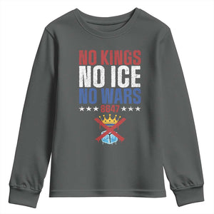 No Kings No Ice No Wars 8647 Youth Sweatshirt Rejecting Kings Anti Authoritarian TS11 Dark Heather Print Your Wear