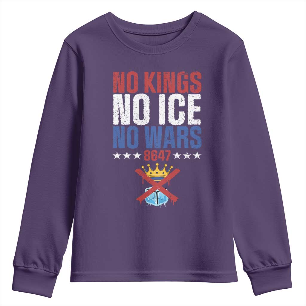 No Kings No Ice No Wars 8647 Youth Sweatshirt Rejecting Kings Anti Authoritarian TS11 Purple Print Your Wear