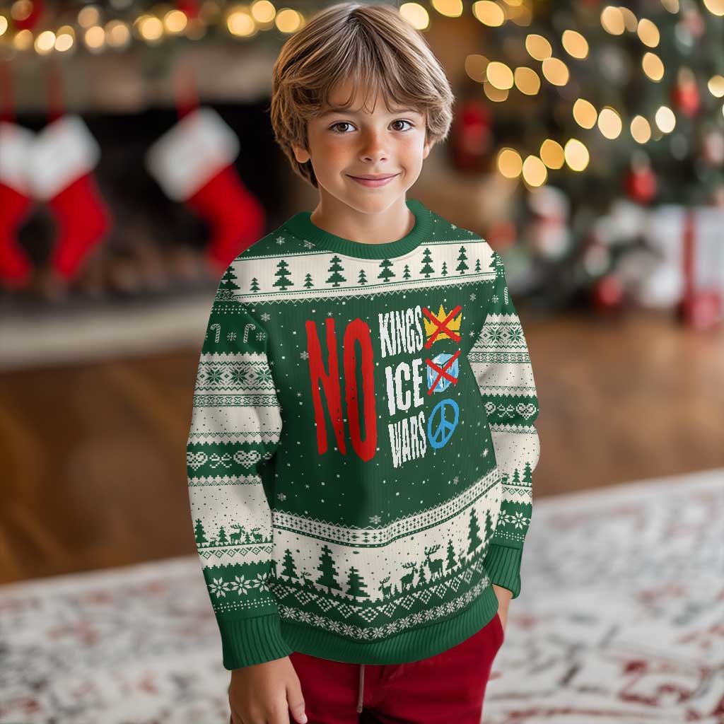 No Kings No Ice No Wars Ugly Christmas Sweater Political Protest Peace Sign TS11 Forest Green Beige Print Your Wear
