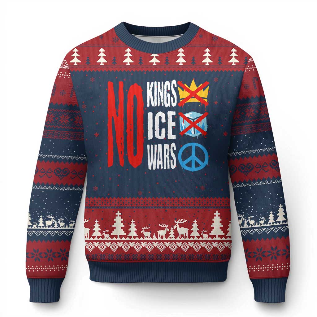 No Kings No Ice No Wars Ugly Christmas Sweater Political Protest Peace Sign TS11 Navy Red Print Your Wear