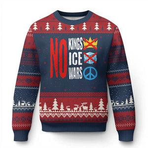 No Kings No Ice No Wars Ugly Christmas Sweater Political Protest Peace Sign TS11 Navy Red Print Your Wear