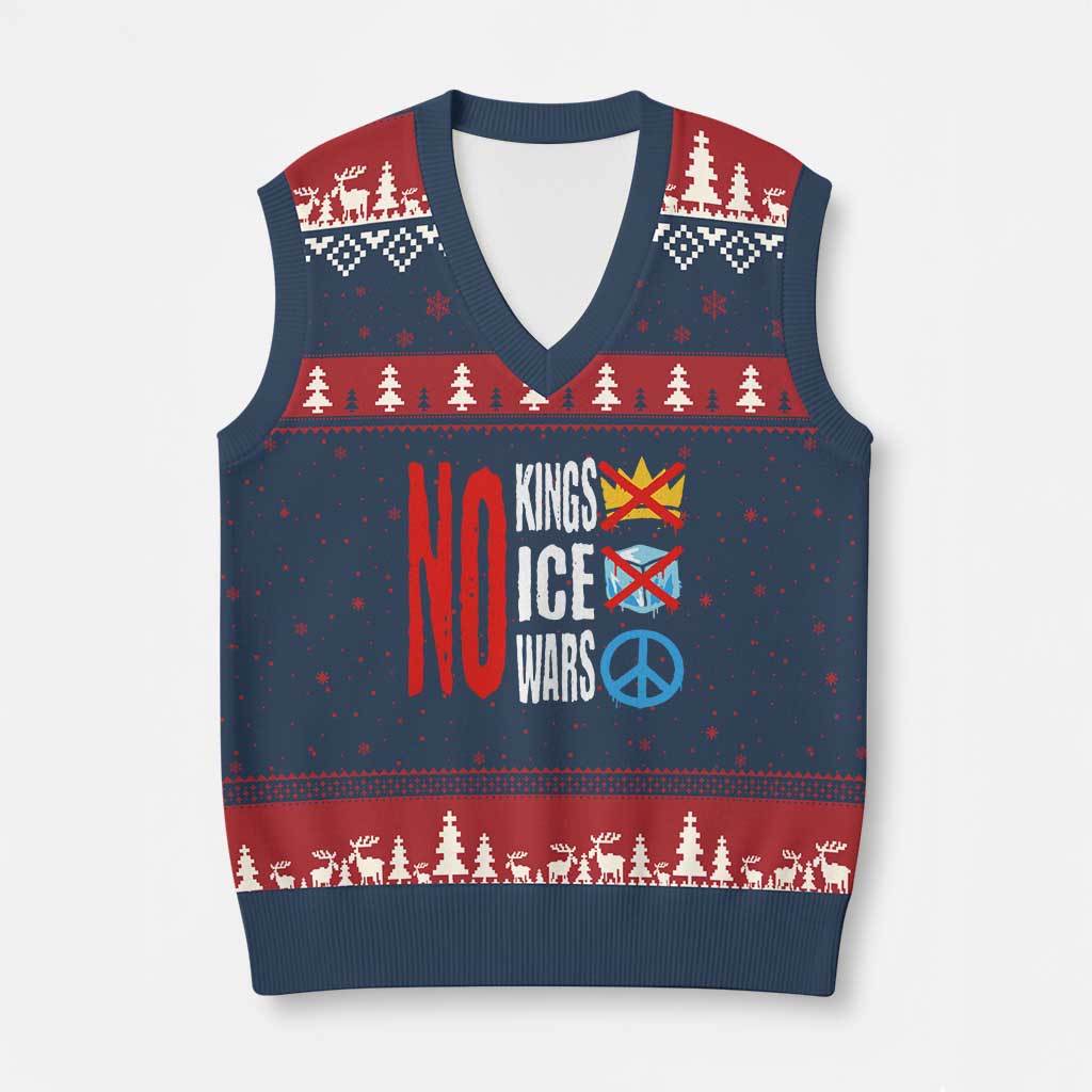 No Kings No Ice No Wars V-Neck Knit Sweater Vest Political Protest Peace Sign TS11 Navy Red Print Your Wear