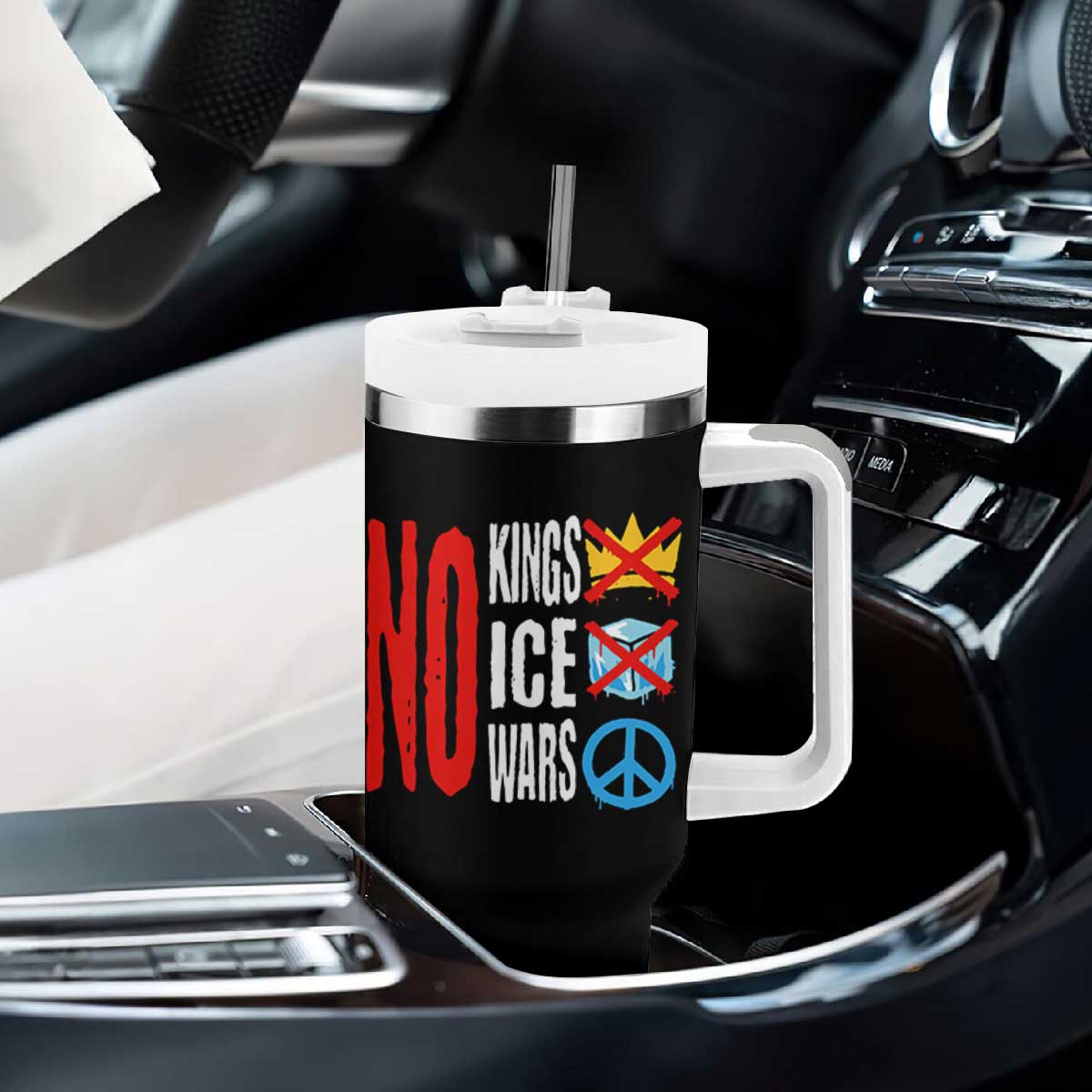 No Kings No Ice No Wars Tumbler With Handle Political Protest Peace Sign TS11 Print Your Wear