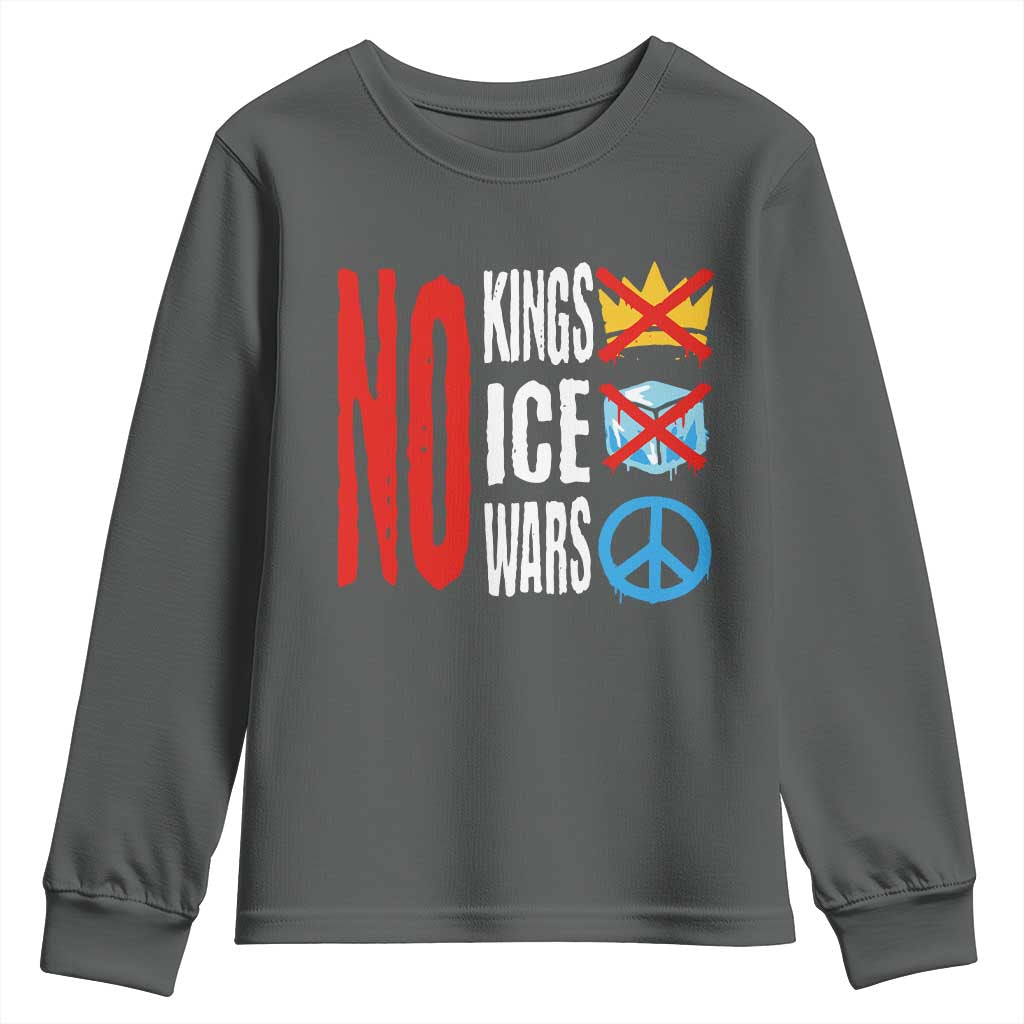 No Kings No Ice No Wars Youth Sweatshirt Political Protest Peace Sign TS11 Dark Heather Print Your Wear