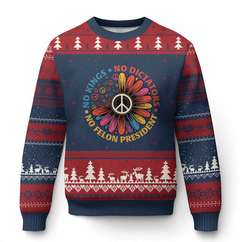 No Kings No Dictators No Felon Presidents Ugly Christmas Sweater Retro Flower Peace Sign TS11 Navy Red Print Your Wear