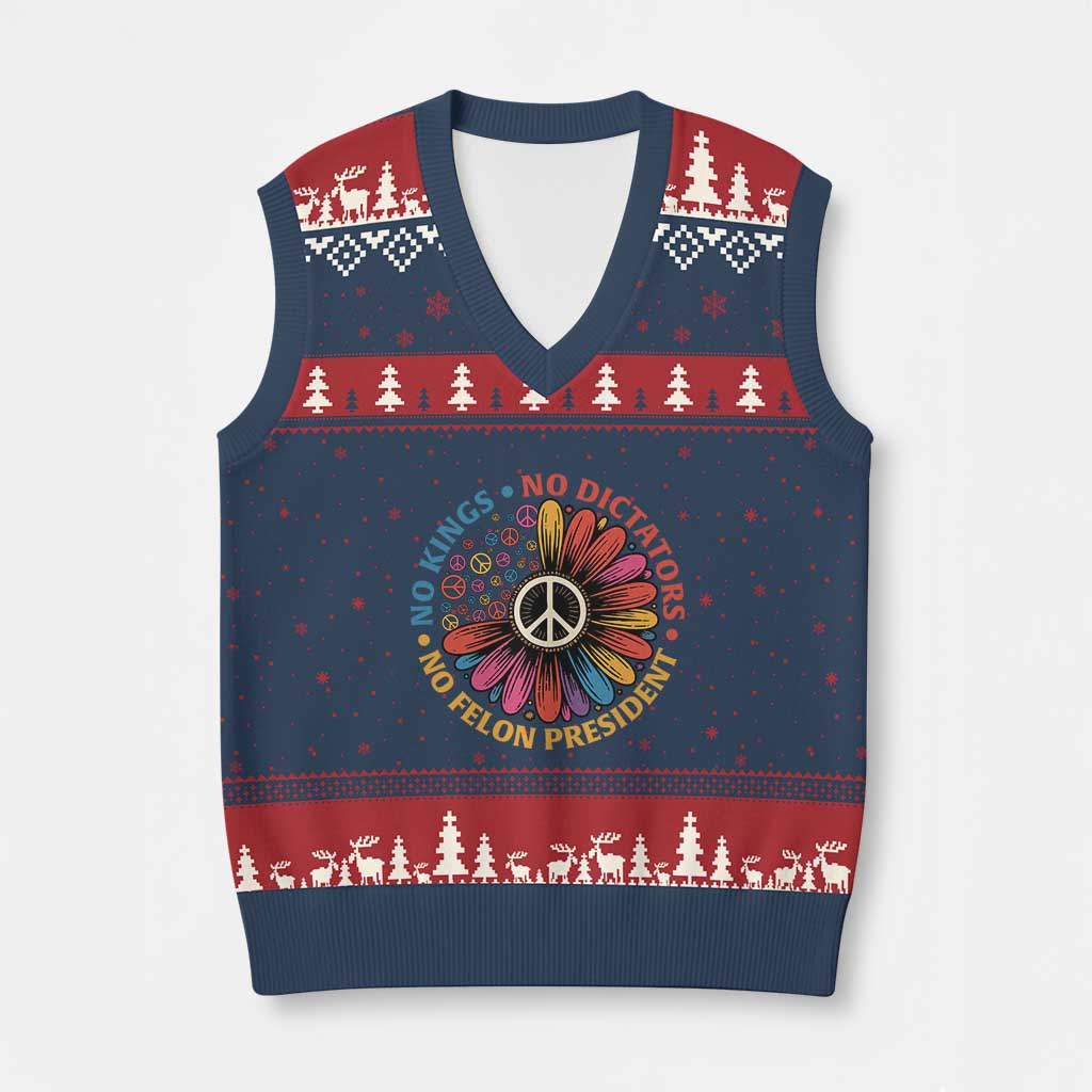 No Kings No Dictators No Felon Presidents V-Neck Knit Sweater Vest Retro Flower Peace Sign TS11 Navy Red Print Your Wear
