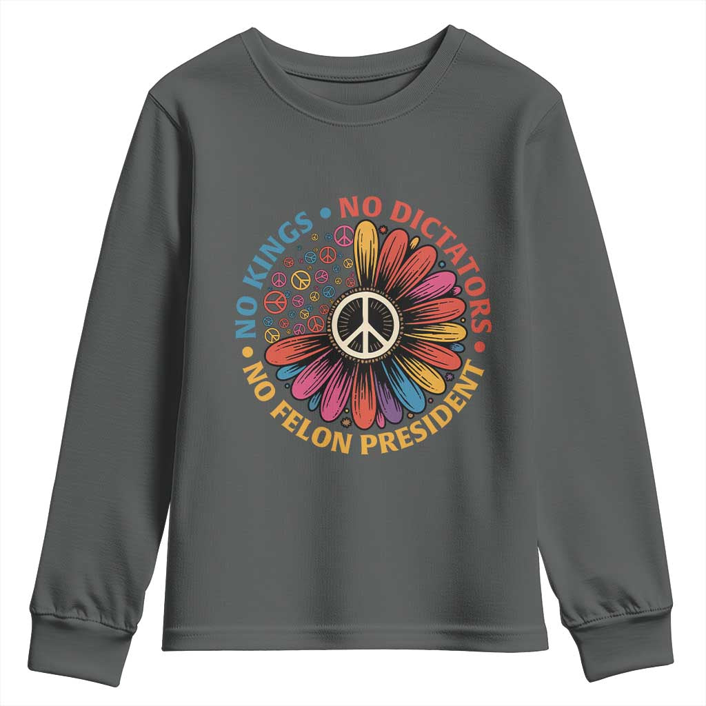No Kings No Dictators No Felon Presidents Youth Sweatshirt Retro Flower Peace Sign TS11 Dark Heather Print Your Wear