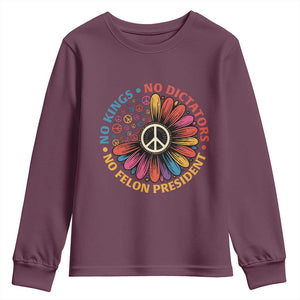 No Kings No Dictators No Felon Presidents Youth Sweatshirt Retro Flower Peace Sign TS11 Maroon Print Your Wear
