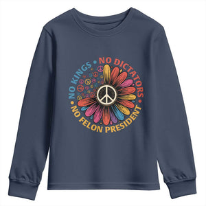 No Kings No Dictators No Felon Presidents Youth Sweatshirt Retro Flower Peace Sign TS11 Navy Print Your Wear