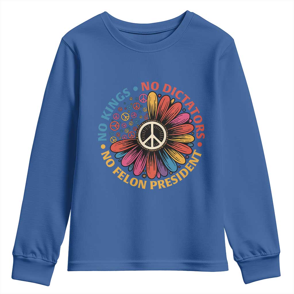 No Kings No Dictators No Felon Presidents Youth Sweatshirt Retro Flower Peace Sign TS11 Royal Blue Print Your Wear