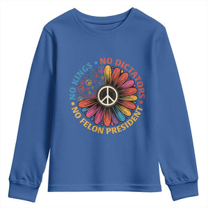 No Kings No Dictators No Felon Presidents Youth Sweatshirt Retro Flower Peace Sign TS11 Royal Blue Print Your Wear