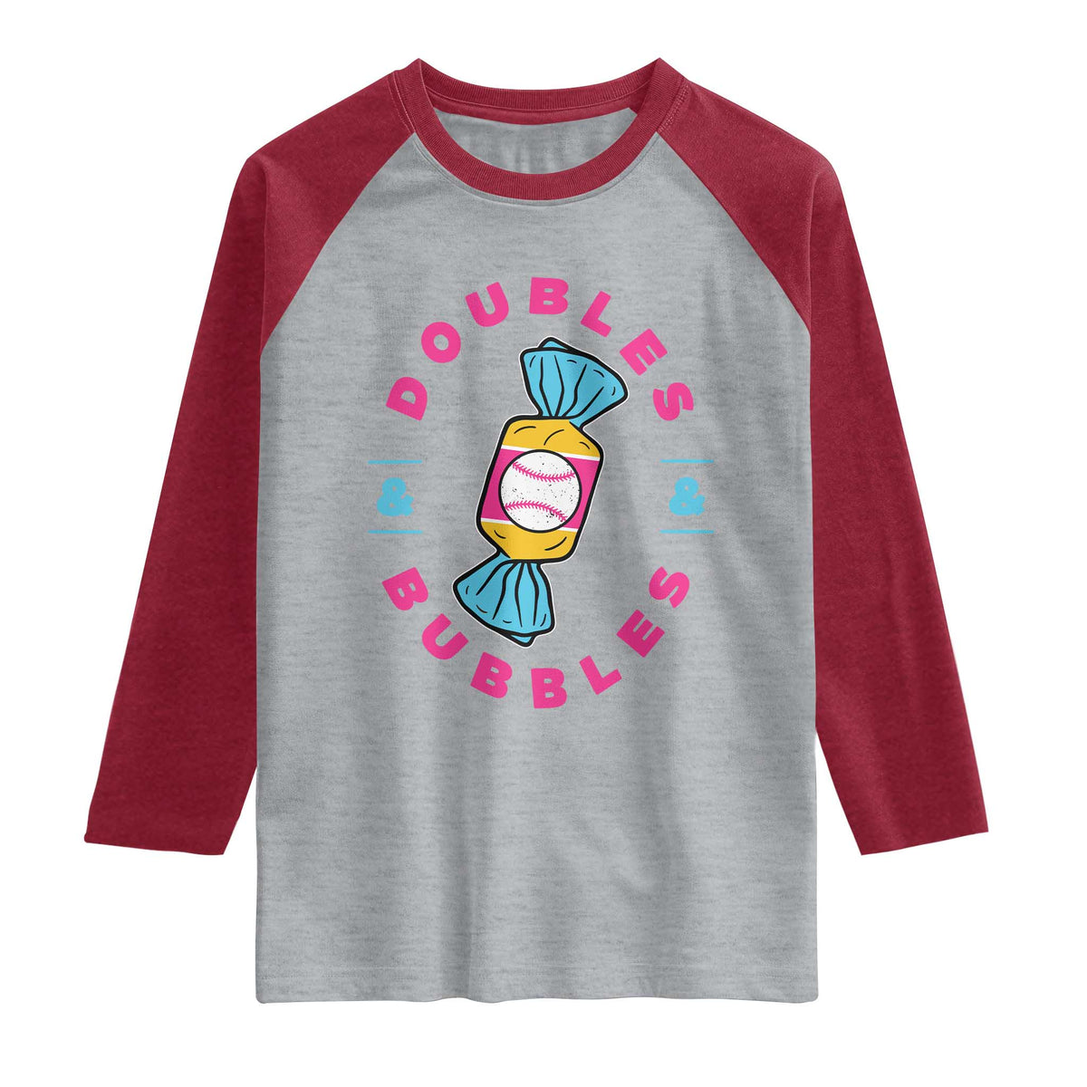 Doubles and Bubbles Baseball Candy Gum Raglan Shirt TS11 Heather Gray Heather Red Print Your Wear