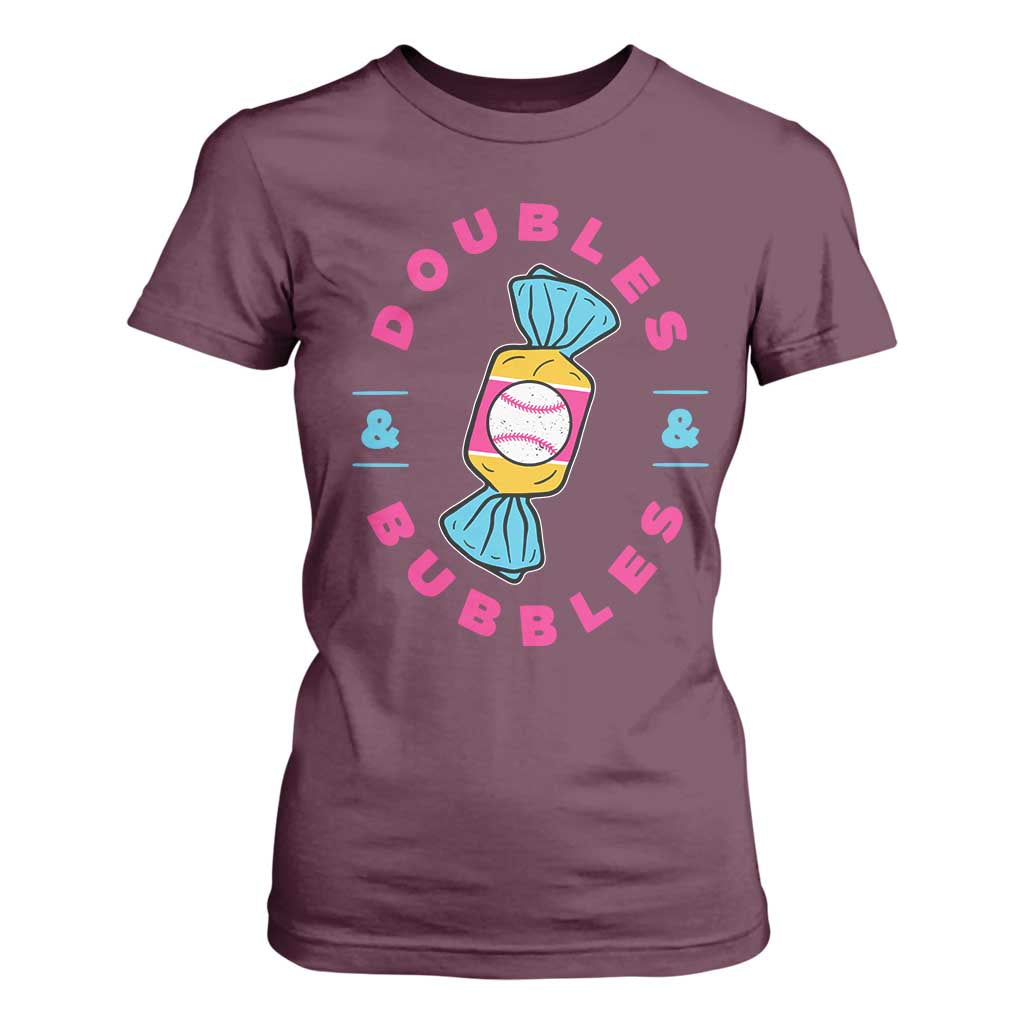 Doubles and Bubbles Baseball Candy Gum T Shirt For Women TS11 Maroon Print Your Wear
