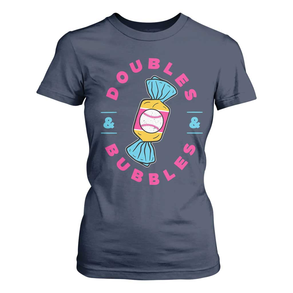 Doubles and Bubbles Baseball Candy Gum T Shirt For Women TS11 Navy Print Your Wear