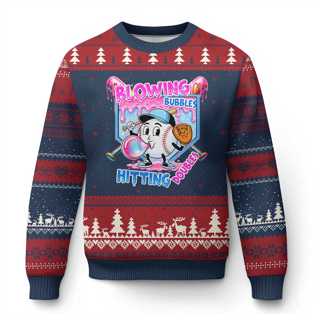 Baseball Blowing Bubbles Hitting Doubles Ugly Christmas Sweater Sports Bubble Gum Lover TS11 Navy Red Print Your Wear