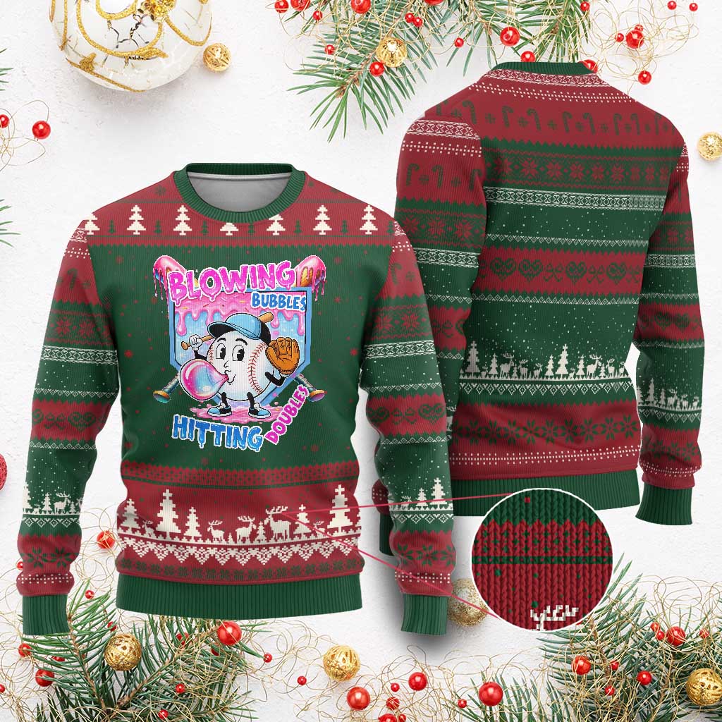 Baseball Blowing Bubbles Hitting Doubles Ugly Christmas Sweater Sports Bubble Gum Lover TS11 Red Green Print Your Wear