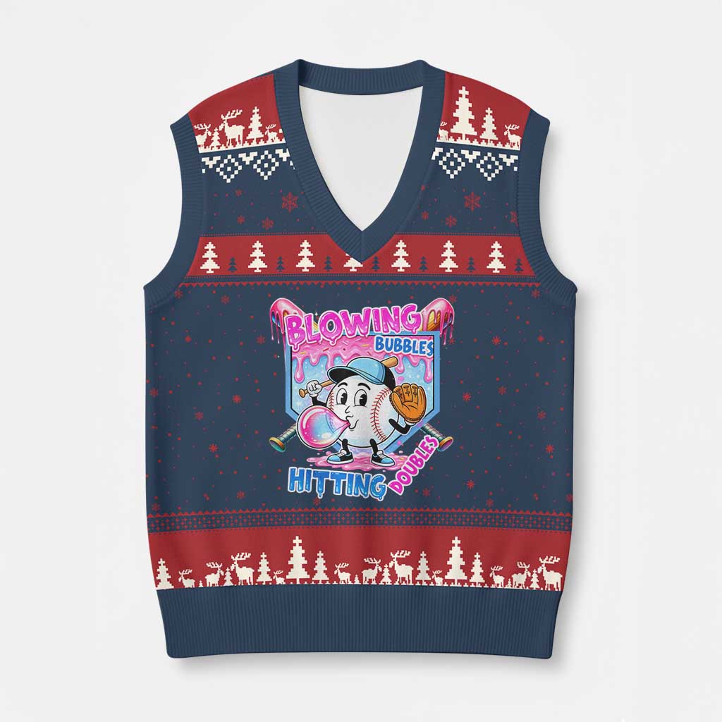 Baseball Blowing Bubbles Hitting Doubles V-Neck Knit Sweater Vest Sports Bubble Gum Lover TS11 Navy Red Print Your Wear