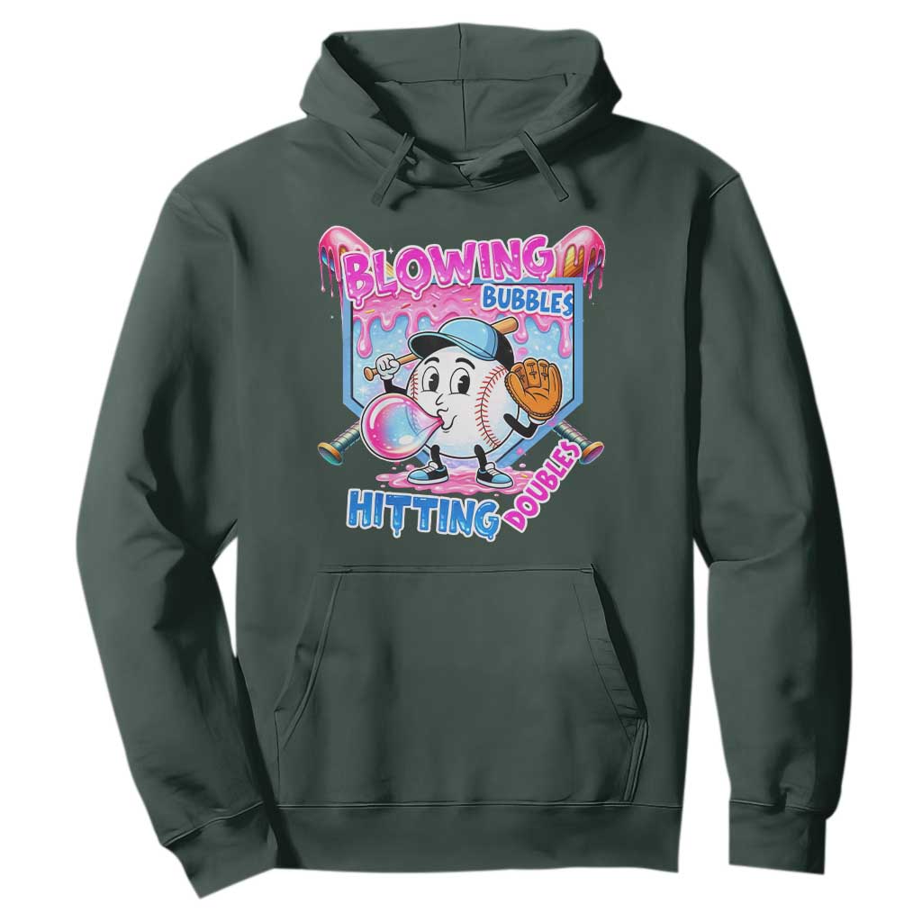 Baseball Blowing Bubbles Hitting Doubles Hoodie Sports Bubble Gum Lover TS11 Dark Forest Green Print Your Wear