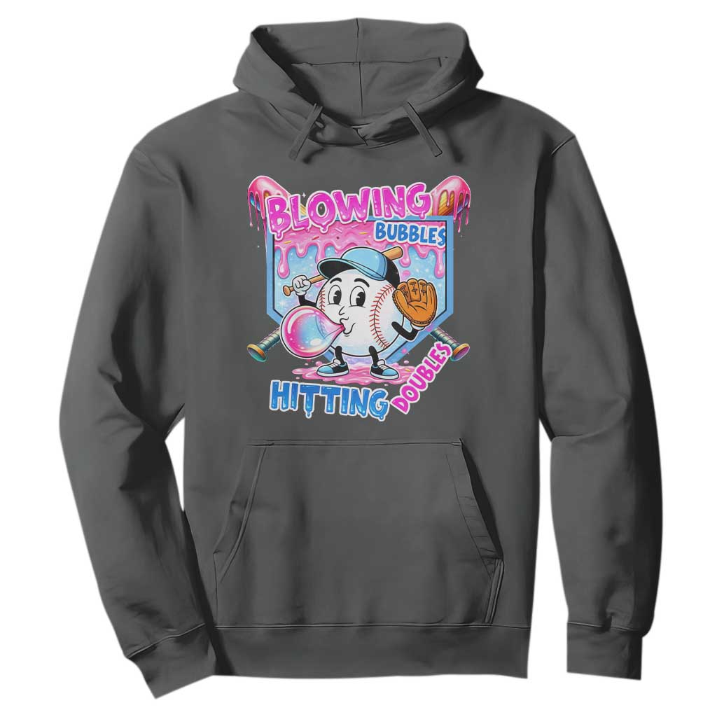 Baseball Blowing Bubbles Hitting Doubles Hoodie Sports Bubble Gum Lover TS11 Dark Heather Print Your Wear