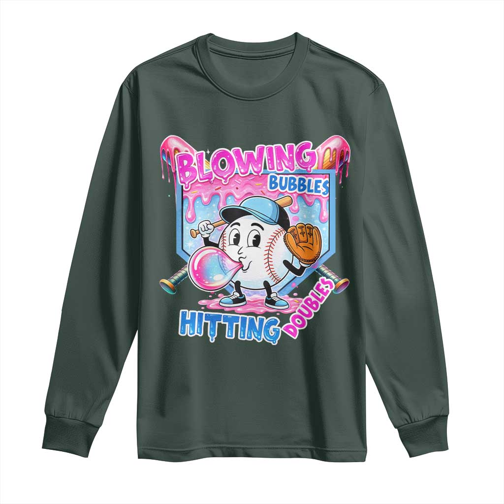 Baseball Blowing Bubbles Hitting Doubles Long Sleeve Shirt Sports Bubble Gum Lover TS11 Dark Forest Green Print Your Wear