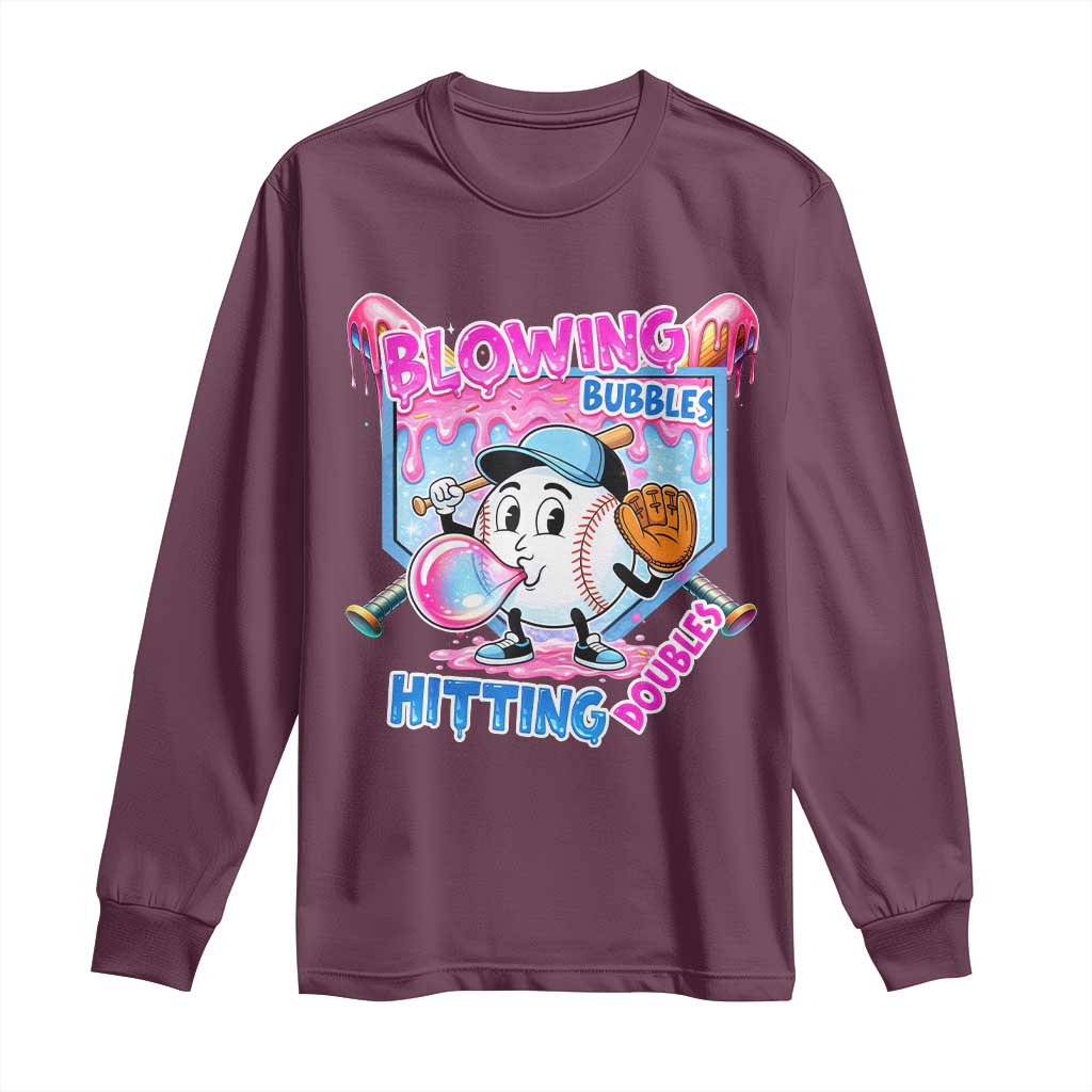 Baseball Blowing Bubbles Hitting Doubles Long Sleeve Shirt Sports Bubble Gum Lover TS11 Maroon Print Your Wear