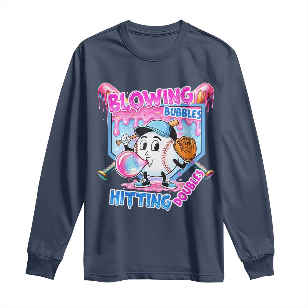 Baseball Blowing Bubbles Hitting Doubles Long Sleeve Shirt Sports Bubble Gum Lover TS11 Navy Print Your Wear
