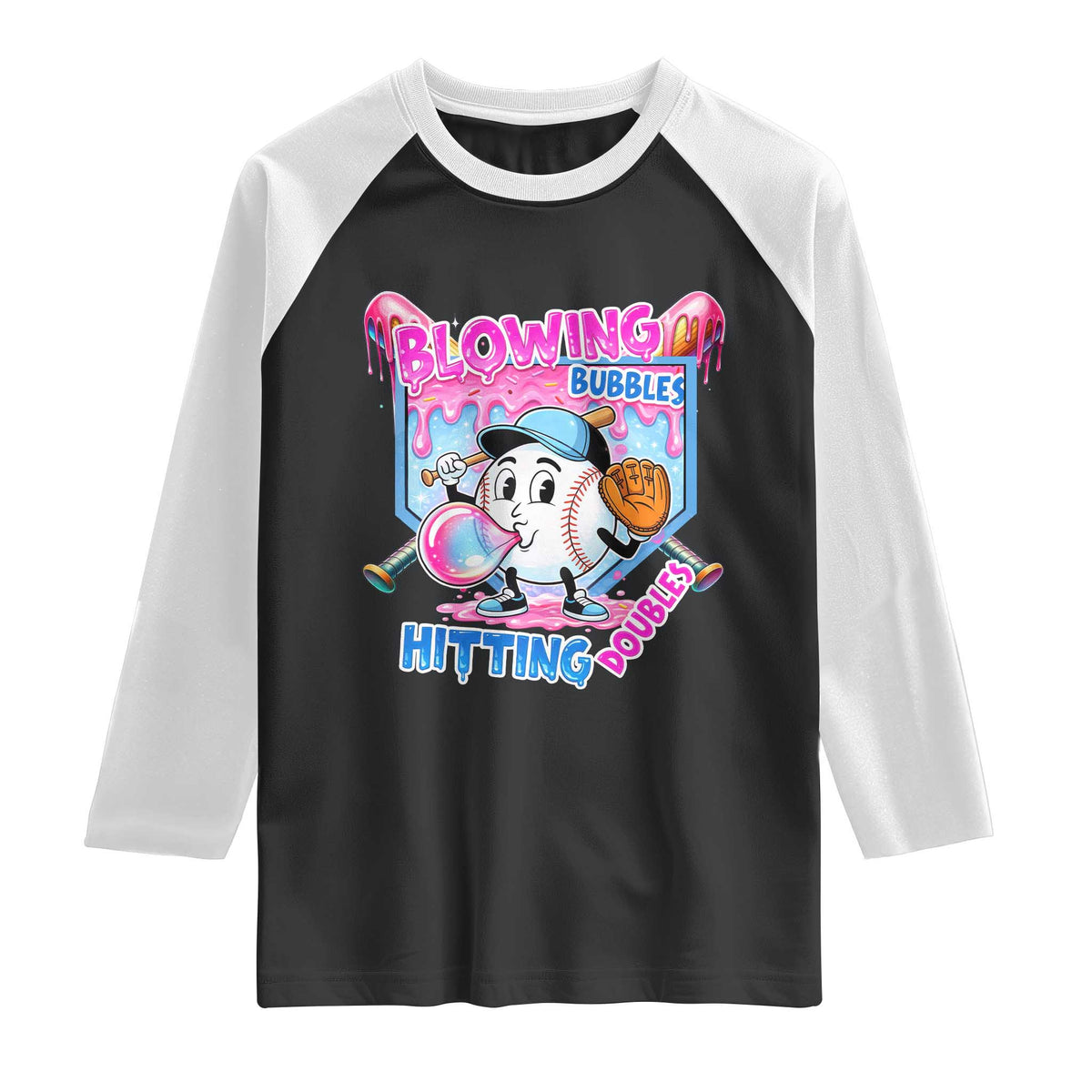 Baseball Blowing Bubbles Hitting Doubles Raglan Shirt Sports Bubble Gum Lover TS11 Black White Print Your Wear
