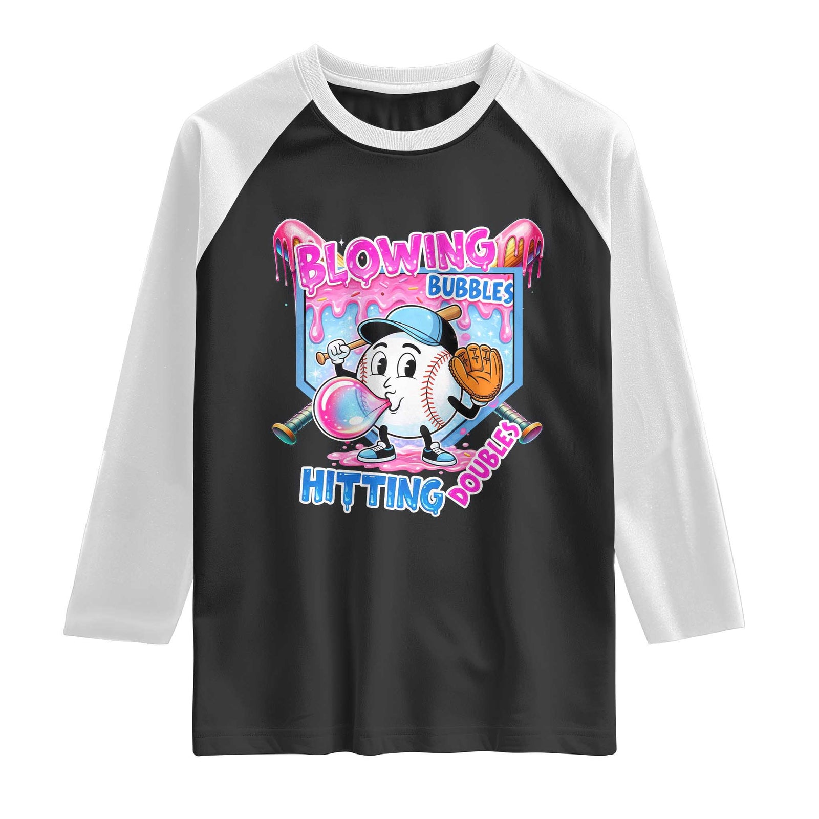Baseball Blowing Bubbles Hitting Doubles Raglan Shirt Sports Bubble Gum Lover TS11 Black White Print Your Wear