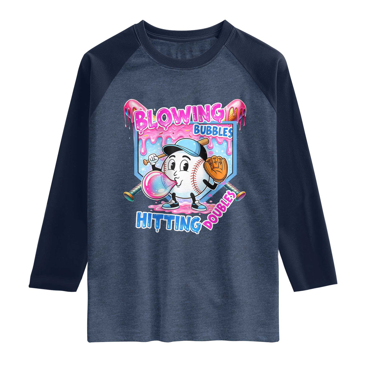 Baseball Blowing Bubbles Hitting Doubles Raglan Shirt Sports Bubble Gum Lover TS11 Heather Denim Navy Print Your Wear